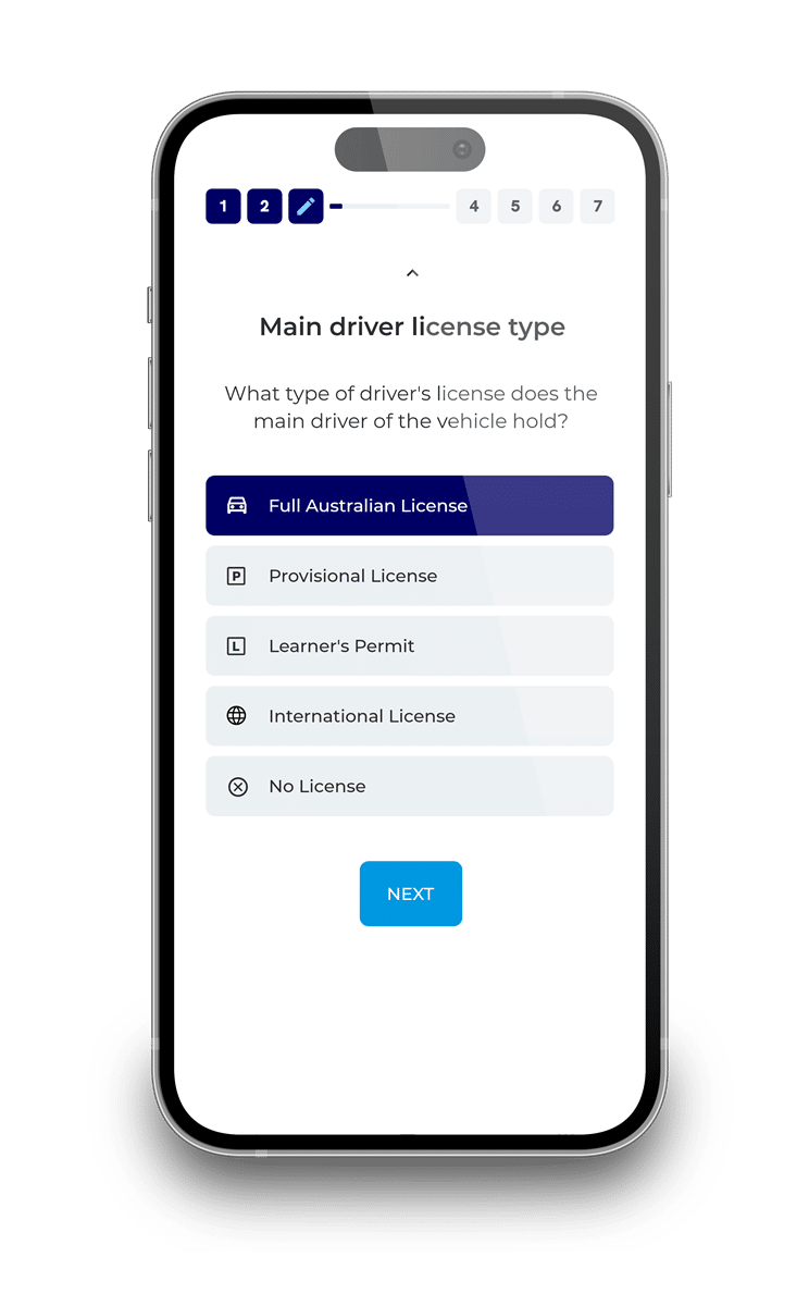 Motor insurance quote-and-bind flow on a phone