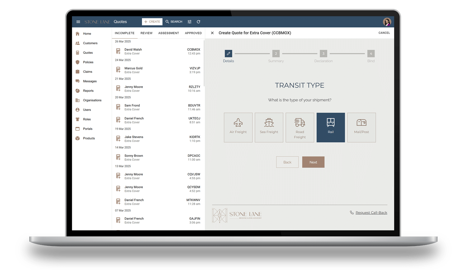 Stonelane agency portal dashboard on a laptop