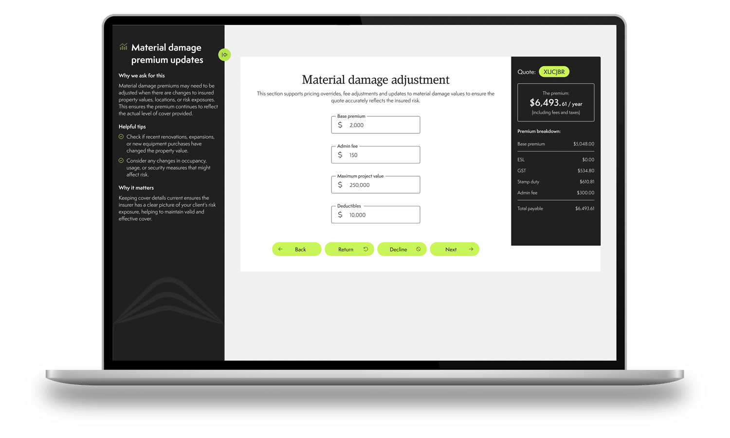 Underwriting review workbench on a MacBook