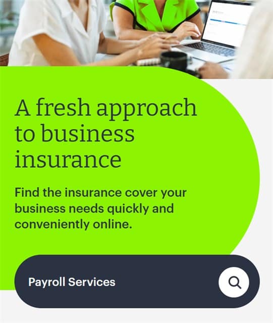 The Zest Insurance homepage on a phone, headed “A fresh approach to business insurance”, with a field for the customer to name their line of work.