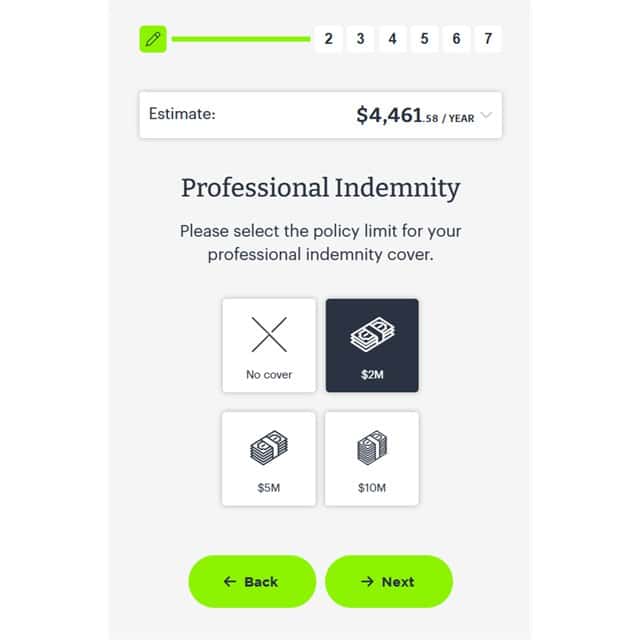 Step two of the Zest Insurance quote on a phone: choosing a professional indemnity limit, with the annual estimate shown above the options and updating as it is set.