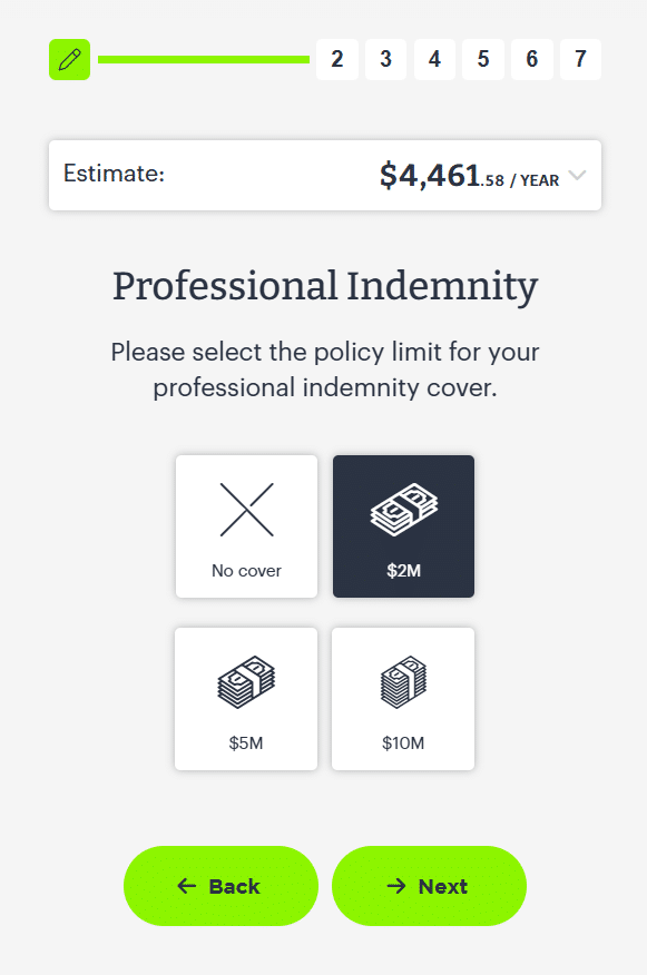 The Zest Insurance quote form on a phone, at the professional indemnity step, showing a live premium estimate of $4,461.58 a year